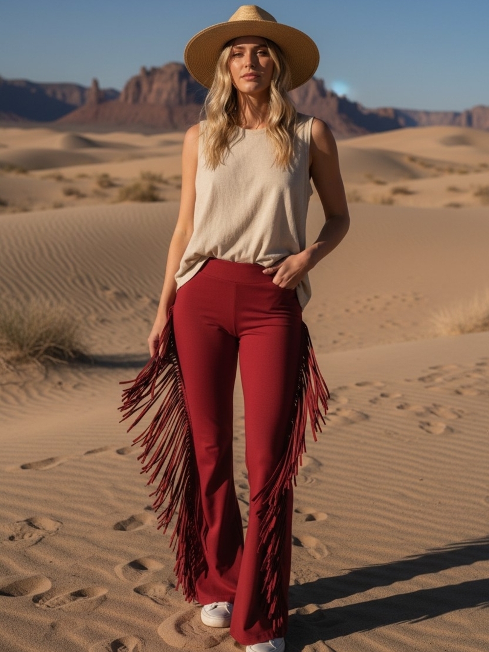 Lucky & Blessed Crimson Fringe Flare Pants